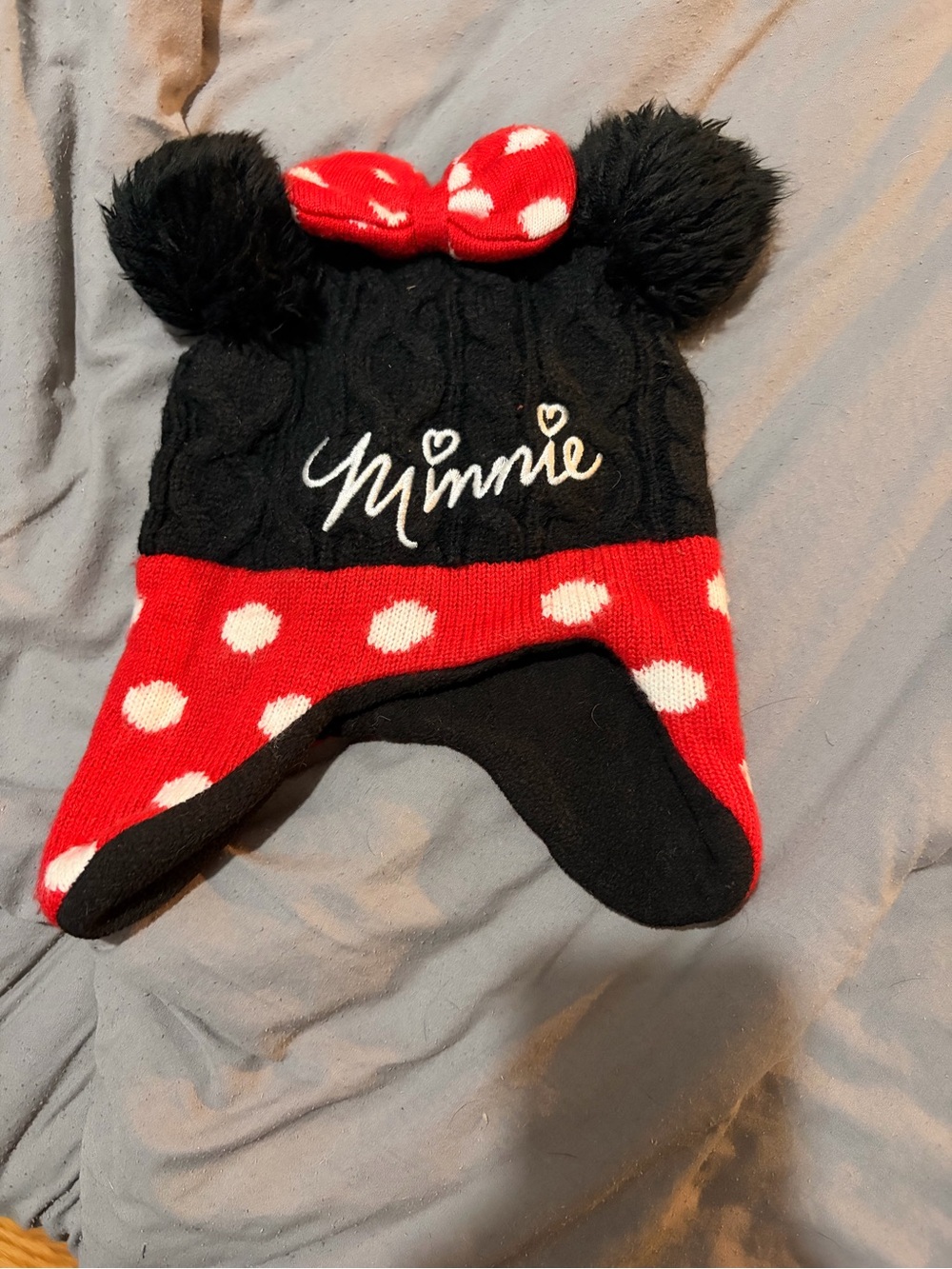 Disney Minnie Mouse Black and Red Polka Dot Earflap Beanie with Pom Ears